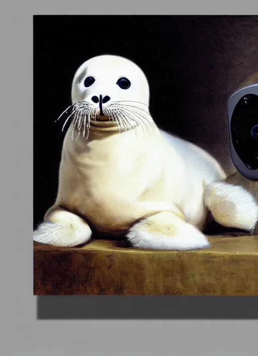 Image similar to highly detailed painting of cute furry white baby seal with an xbox controller by william turner, thick brush strokes and visible paint layers, 4 k resolution