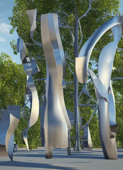 Image similar to highly detailed realistic architecture 3 d render of a futuristic stele monument in frank gehry style standing in city park, archdaily, made in unreal engine 4 octane render