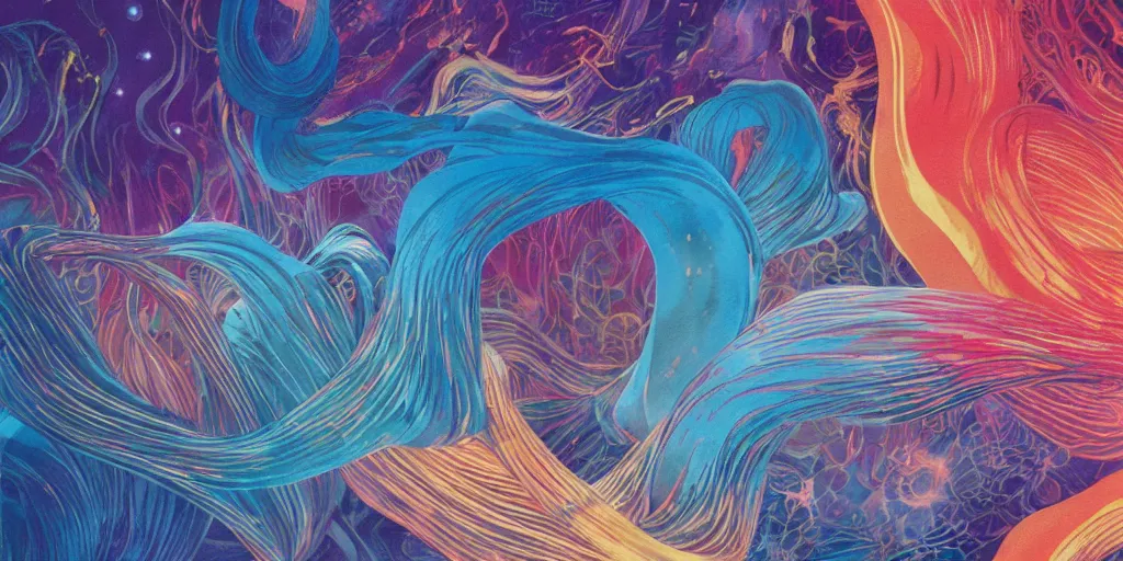 Image similar to abstract ribbons, flames, illustration, watercolor, pastel colors,Light By Miles Johnston, Agnes Pelson, Ryan Burke, Moebius, Phillip Loutherbourg, Salmon Khoshroo, Lee Griggs, Timothy Von Rueden Japanese woodcuts, Louise Zhang, James Jean, trending on artstation, 80's airbrush, 90's design