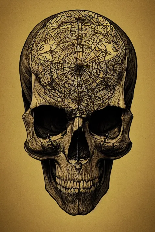 Prompt: divine illuminated skull, in the style of Greg Broadmore and Arthur Rackham and Moebius,trending on artstation, light lighting side view,digital art,surrealism ,macro,blueprint ,vaporwave ,