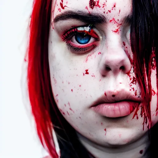 Prompt: Billie Eilish with blood coming from her eyes, XF IQ4, 150MP, 50mm, F1.4, ISO 200, 1/160s, natural light, Adobe Lightroom, photolab, Affinity Photo, PhotoDirector 365