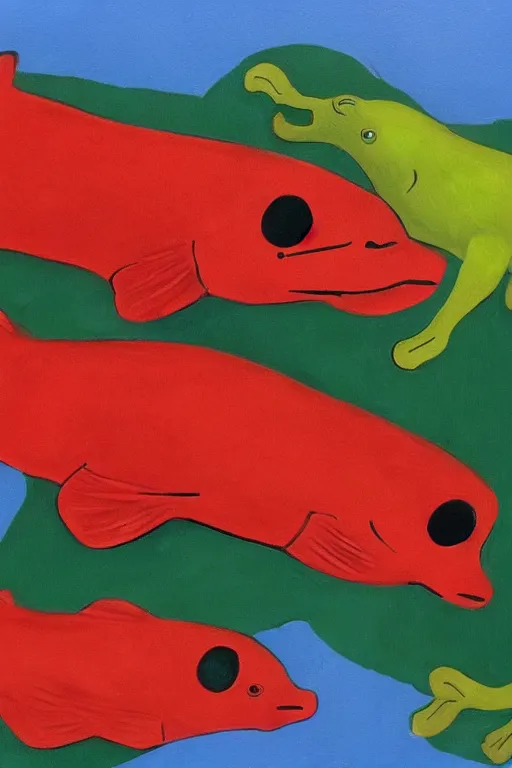 Prompt: red herring and green dog painting a picture together