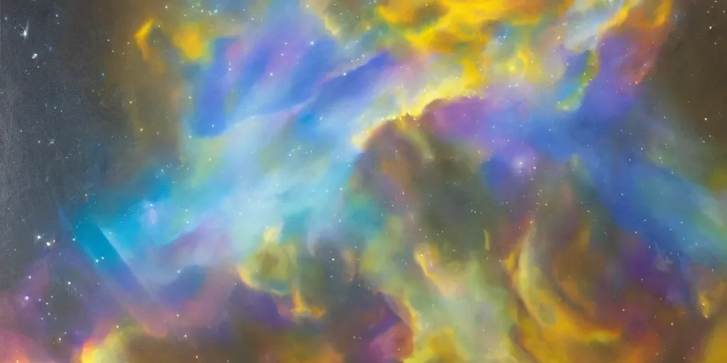 Prompt: Panoramic painting of a glowing, volumetric nebula, luminous oil on canvas.