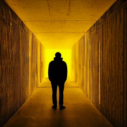Image similar to man in a luminous yellow [ liminal space ]!!, trending on unsplash, 4 k photorealism, horror - esque, eerie atmosphere, dark - bright lighting