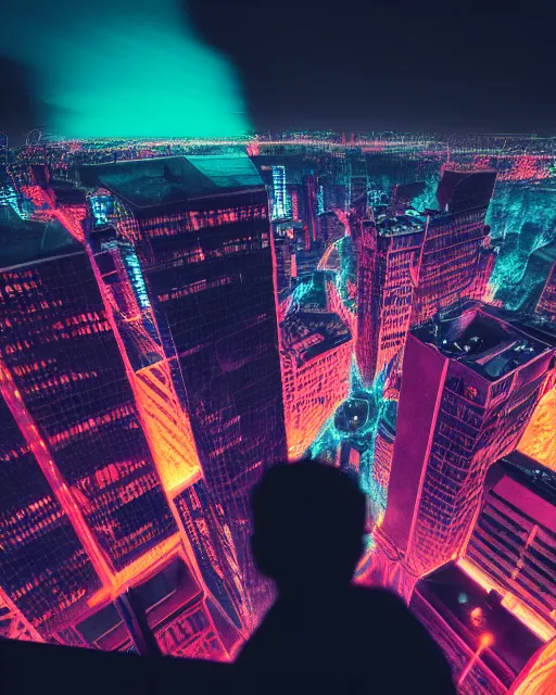 Image similar to an unreal engine rendered night rooftop scene colored by Liam Wong, neon lights in the city below, close up shot of a photorealistic gangster wearing a trench coat looking at the city below