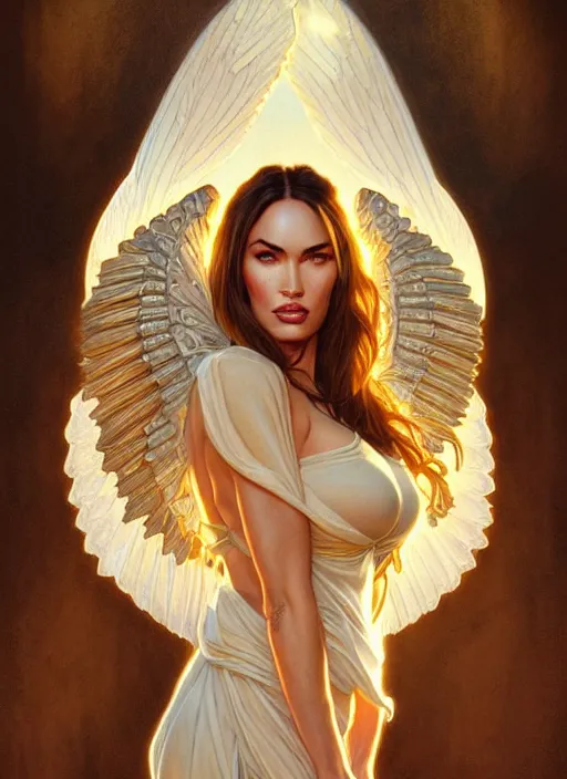 Image similar to portrait of megan fox as an blonde angel, wings, bible, intricate, headshot, highly detailed, digital painting, artstation, concept art, sharp focus, cinematic lighting, illustration, art by artgerm and greg rutkowski, alphonse mucha, cgsociety