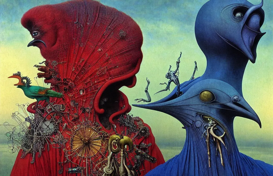 Image similar to realistic detailed portrait movie shot of a birdman wearing a dark robes, sci fi city landscape background by denis villeneuve, amano, yves tanguy, alphonse mucha, ernst haeckel, max ernst, roger dean, masterpiece, rich moody colours, dog teeth, blue eyes, sunrise