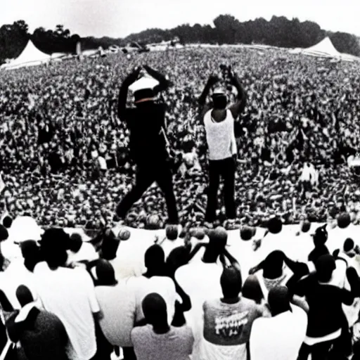 Image similar to public enemy the hip hop group playing at woodstock 1969 on stage