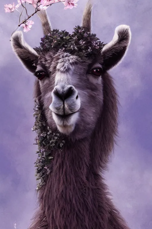 Image similar to Anthro Portrait of japanese llama, D&D, dark fantasy, anthro portrait, sakura blooming on background, intricate, elegant, llama portrait, highly detailed, digital painting, artstation, concept art, smooth, sharp focus, llama, illustration, art by artgerm and greg rutkowski and alphonse mucha, daily deviation, very very llama