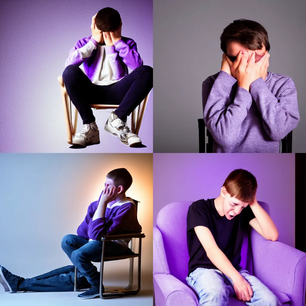 Prompt: teenage boy crying in a chair, head in hands, purple spotlight