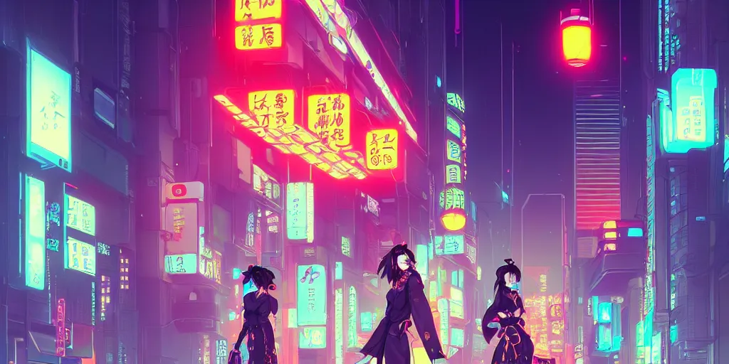 Image similar to digital illustration of cyberpunk geisha in city street at night by makoto shinkai, ilya kuvshinov, lois van baarle, rossdraws, basquiat | afrofuturism, in the style of hearthstone, trending on artstation | cool color scheme