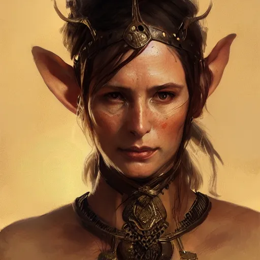 Image similar to portrait of an elven woman with small copper horns and copper scales covering her arm and neck, by greg rutkowski, trending on artstation, dungeon and dragons art