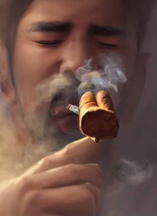 Prompt: Portrait of Shibu Inu smoking a cigar in his mouth blowing smoke, realistic, detailed, 4k by Greg Rutkowski Mark Arian trending on artstation