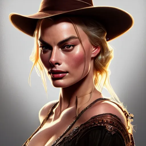 Prompt: Margot Robbie, western, closeup, D&D, fantasy, intricate, elegant, highly detailed, digital painting, artstation, concept art, matte, sharp focus, illustration, art by Artgerm and Greg Rutkowski and Alphonse Mucha