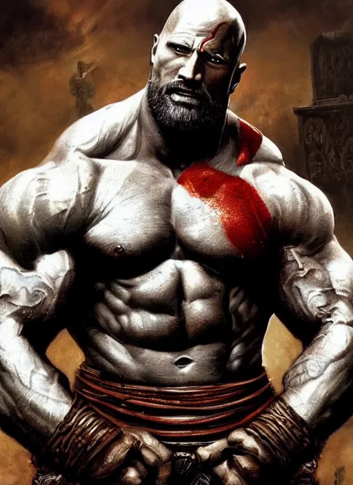 Image similar to a highly detailed beautiful portrait of dwayne johnson kratos hybrid god of war, spartan warrior, olympian god, muscular!!, james gurney, frank frazetta, boris vallejo, octane, fantasy