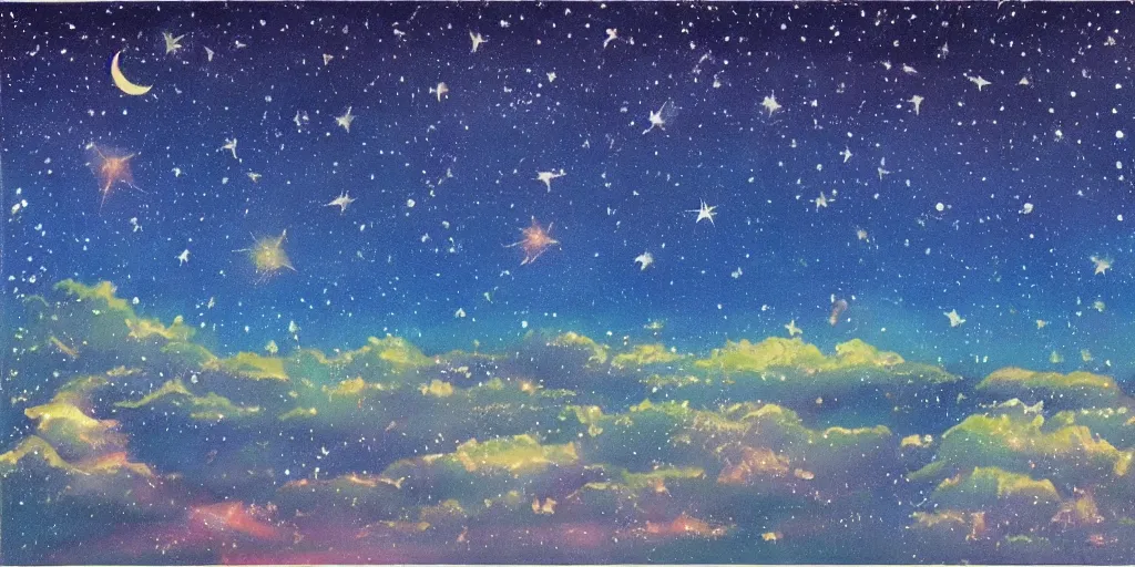 Image similar to night sky full of stars, soothing light, painting by studio ghibli - h 5 7 6