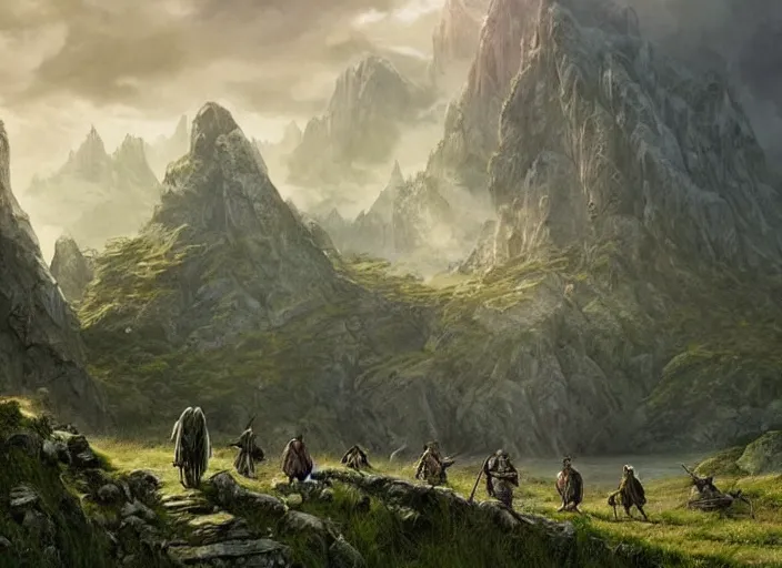 Prompt: adventurers in a lord of the rings scenery landscape, lord of the rings, goblins, grasslands, stone ruins, river, rule of thirds, highly detailed, perfect lighting, perfect composition, 4 k, artgerm, derek zabrocki, greg rutkowski