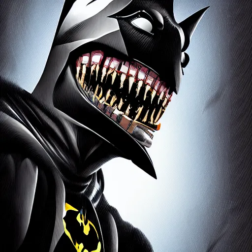 Image similar to the batman who laughs, hyper detailed masterpiece, digital art painting, surrealisme aesthetic,