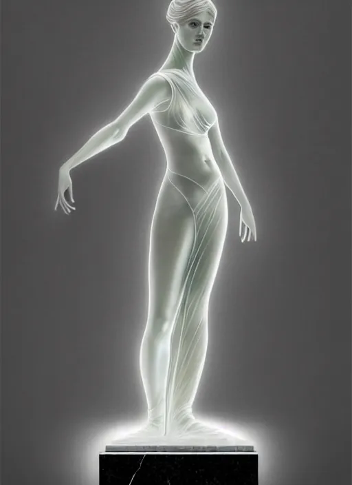 Prompt: transparent glass woman, statue made of marble, dusk, backlit, diffuse lighting, fantasy, intricate, elegant, highly detailed, lifelike, photorealistic, digital painting, artstation, illustration, concept art, smooth, sharp focus, art by john collier and albert aublet and krenz cushart and artem demura and alphonse mucha