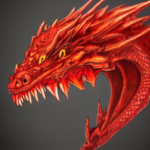 Prompt: head of red fire breathing dragon, extremely detailed, 8k, concept art, high fantasy