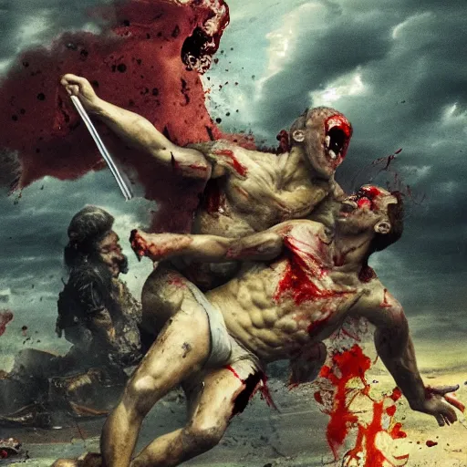 Image similar to a very high resolution image of the aftermath of a very bloody battle between the devil and god