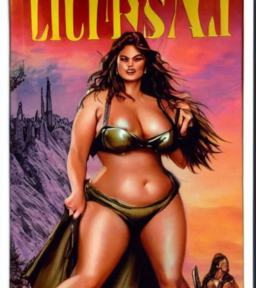 Image similar to 1 9 8 0 s fantasy novel book cover, bbw plus size amazonian sofia vergara in extremely tight bikini armor wielding a cartoonishly large sword, exaggerated body features, dark and smoky background, low quality print