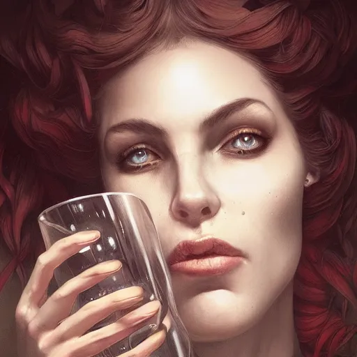 Prompt: an insanely detailed portrait of a beautiful woman drinking a glass of wine as a demon whispers in her ear, highly detailed features, in the style of peter mohrbacher, artgerm, dramatic lighting and composition, octane render, trending on artstation, concept art 8 k
