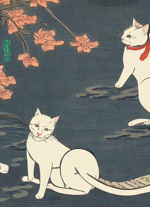 Image similar to whitecat with 2 baby white cats of utagawa hiroshige, digital painting 4 k uhd image, highly detailed