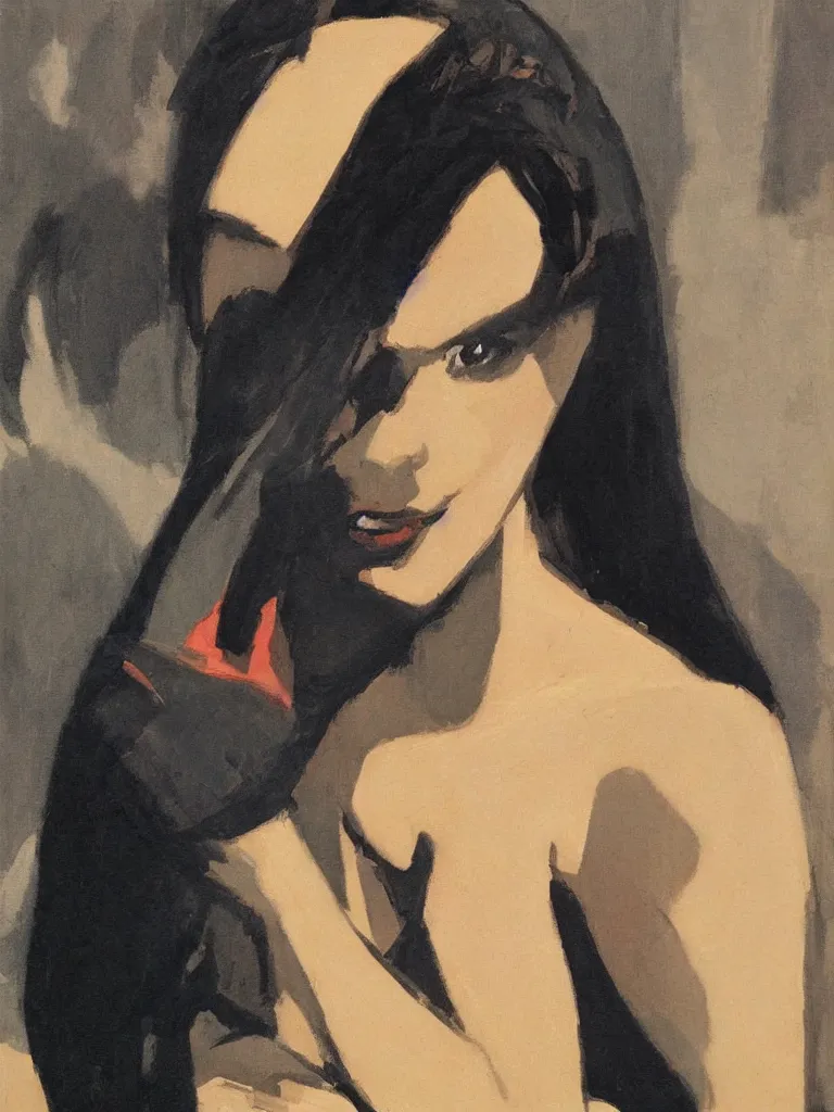 Image similar to portrait profile of one mysterious dark beautiful women in 1 9 7 8, oil painting by john watkiss