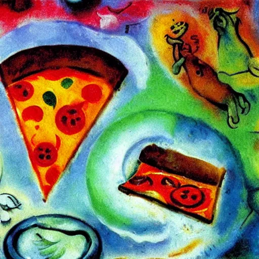 Image similar to an oil painting of a pizza by chagall