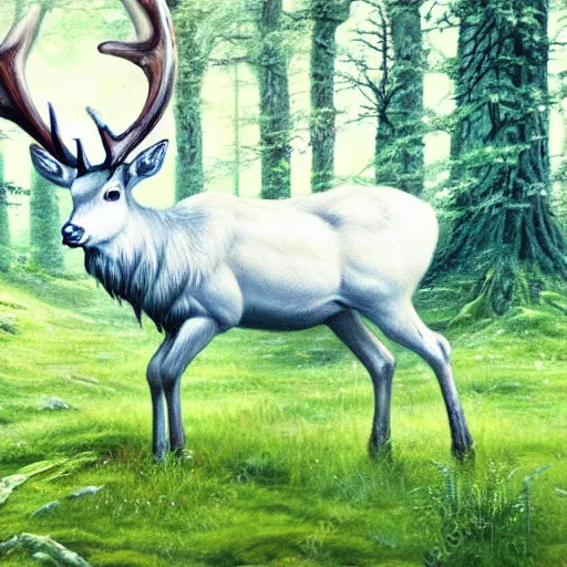 Prompt: bright white stag grazing in a dense green forest, high fantasy, oil painting, high detail.