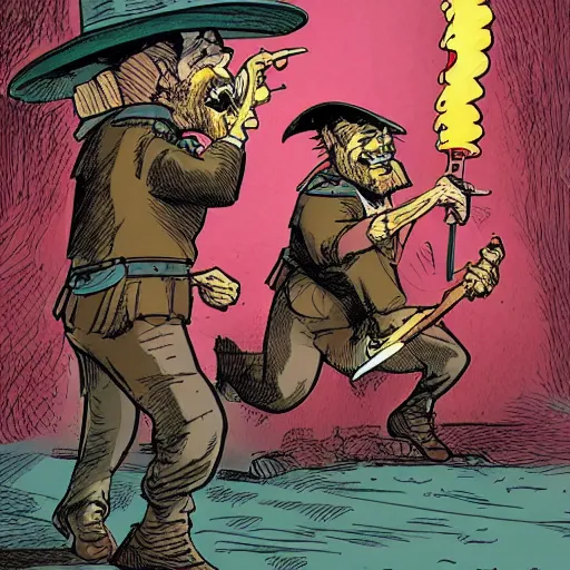 Prompt: precisely drawn illustration of two guards laughing at a joke, wide angle, sharp, fine details, French comic style, vibrant realistic colors, full color, heroic fantasy, intense line art, 8k, precise linework, realistic, in the style of Richard Corben and Moebius