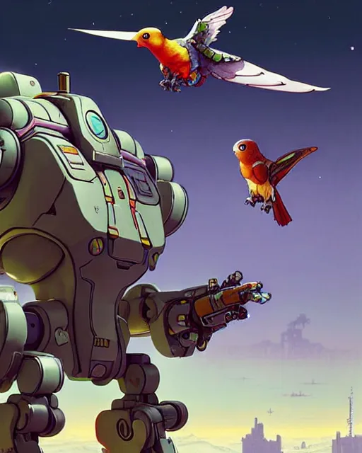 Image similar to bastion the friendly robot from overwatch, with his pet bird, character portrait, portrait, close up, concept art, intricate details, highly detailed, vintage sci - fi poster, retro future, in the style of chris foss, rodger dean, moebius, michael whelan, katsuhiro otomo, and gustave dore