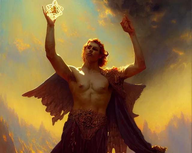 Image similar to attractive male deity, casting demonic magic, summoning handsome lucifer morning star. highly detailed painting by gaston bussiere, craig mullins, j. c. leyendecker 8 k