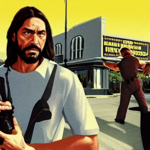 Image similar to jesus as a bank robber as in the movie heat, photograph