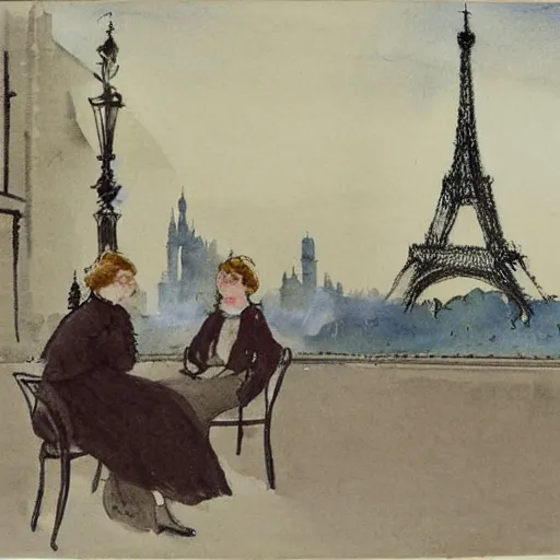 Prompt: two young edwardian women sit outside a cafe in paris at night, the moon is in the sky, the eiffel tower is visible in the background, realistic watercolour