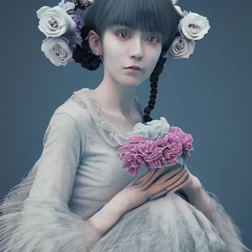 Image similar to 8 k, octane render, realism, tonalism, renaissance, rococo, baroque, cotton candy, portrait of a creepy young lady wearing long - harajuku manga flowers and skulls dress