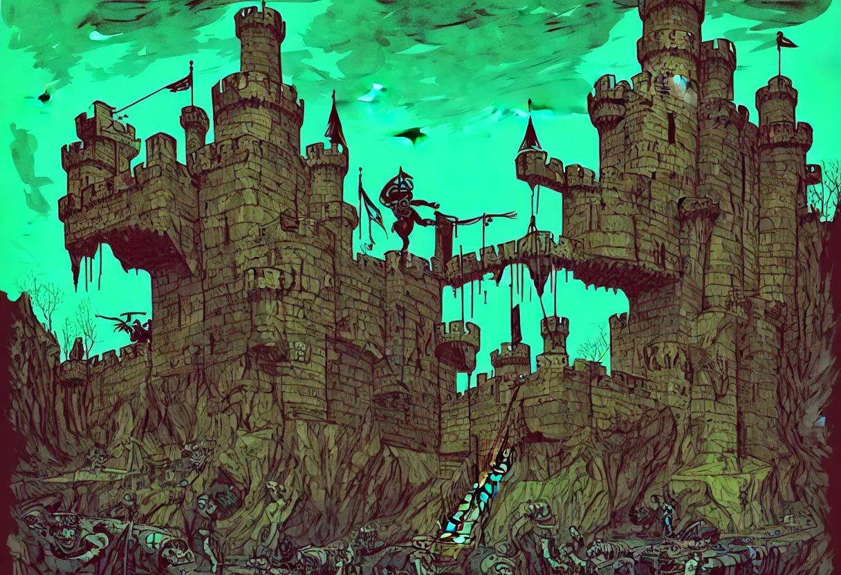 Prompt: handmade illustration of sieged small medieval castle, line art, ink, heavy brushstrokes, watercolor by Kilian Eng and by Jake Parker,, futurisitic boxing ring in a dying utopia, neon radioactive swamp, kobold on stilts with boxing gloves
