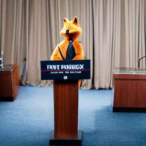 Prompt: a fox animal dressed in a suit giving a presidential press conference, 8 5 mm f / 1. 4