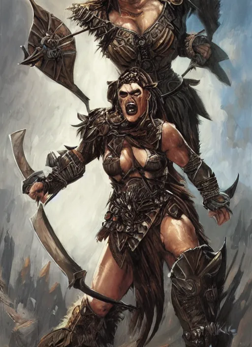 Image similar to a concept art painting of an furious female half - orc warrior wearing medieval brown leather armor, art by karol bak and mark brooks and argerm, centered