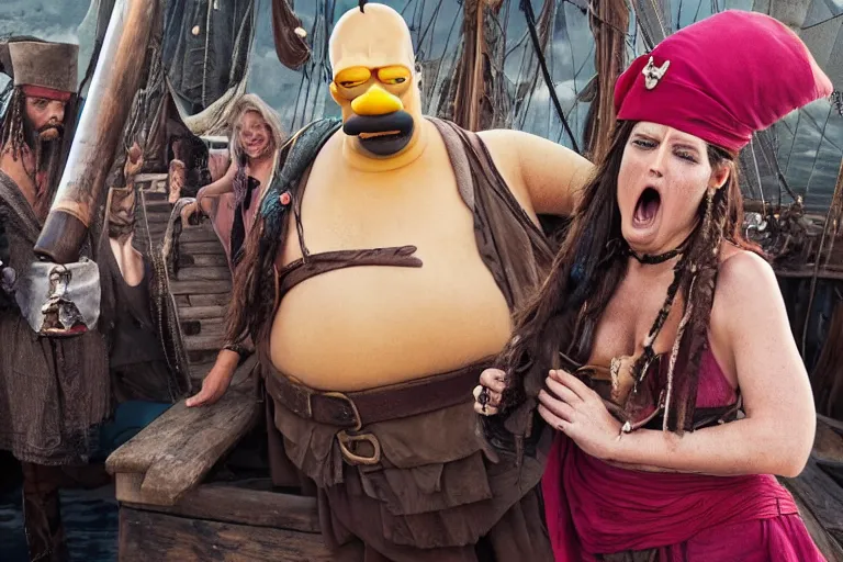 Prompt: promotional image of Homer Simpson as a pirate in the new Pirates of the Carribean movie, realistic, detailed face, movie still frame, promotional image, imax 70 mm footage