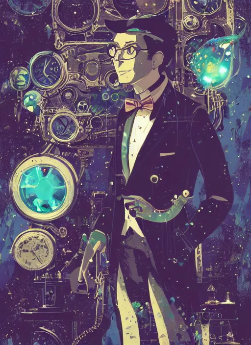 Image similar to arrogant elegant man travels through time via steampunk portals, pixiv fanbox, dramatic lighting, maximalist pastel color palette, splatter paint, pixar and disney exploded - view drawing, graphic novel by fiona staples and dustin nguyen, peter elson, alan bean, wangechi mutu, clean cel shaded vector art, trending on artstation