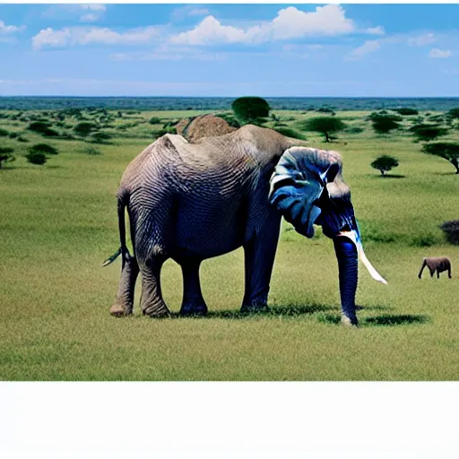 Image similar to a highly detailed panoramic photo of the serengeti. in the far background we see a small boy next to an elephant with an extremely long trunk. 8 k, super resolution