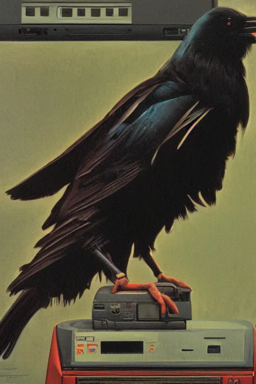 Image similar to a raven observing 8 0 s era technology, vintage shapes, retro technology, harsh color, wayne barlow, oil on canvas, deep depth of field, masterpiece, cinematic composition, hyperdetailed