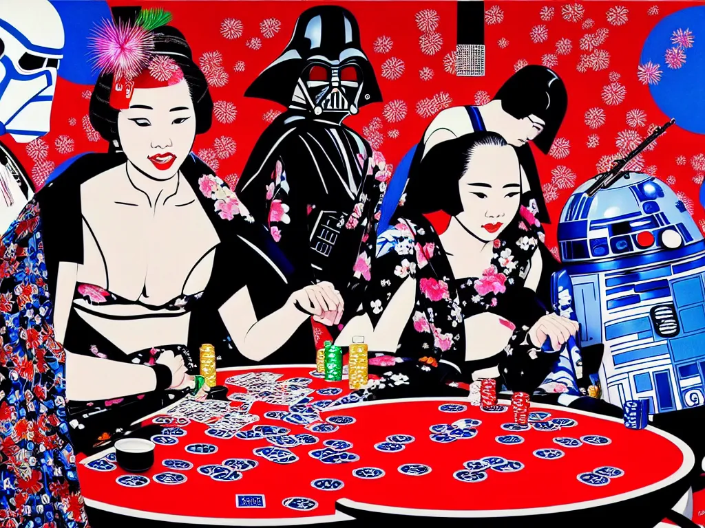 Image similar to hyperrealistic composition of the detailed woman in a japanese kimono sitting at a poker table with detailed darth vader and r 2 d 2, fireworks, mount fuji on the background, pop - art style, jacky tsai style, andy warhol style, acrylic on canvas