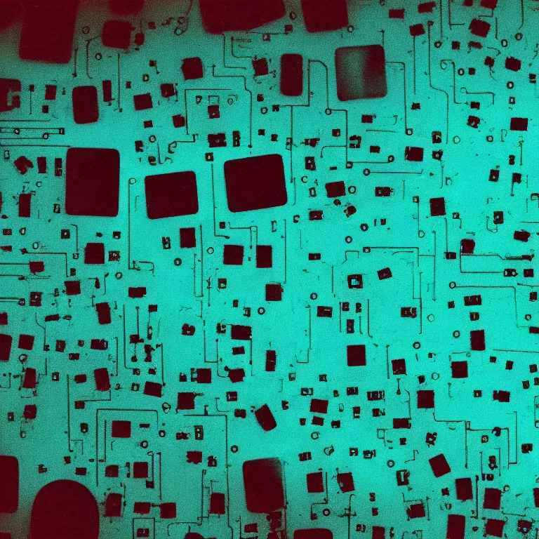 Prompt: boards of canada exposed circuit boards, film photo, soft lighting album cover, nostalgia, turquoise gradient