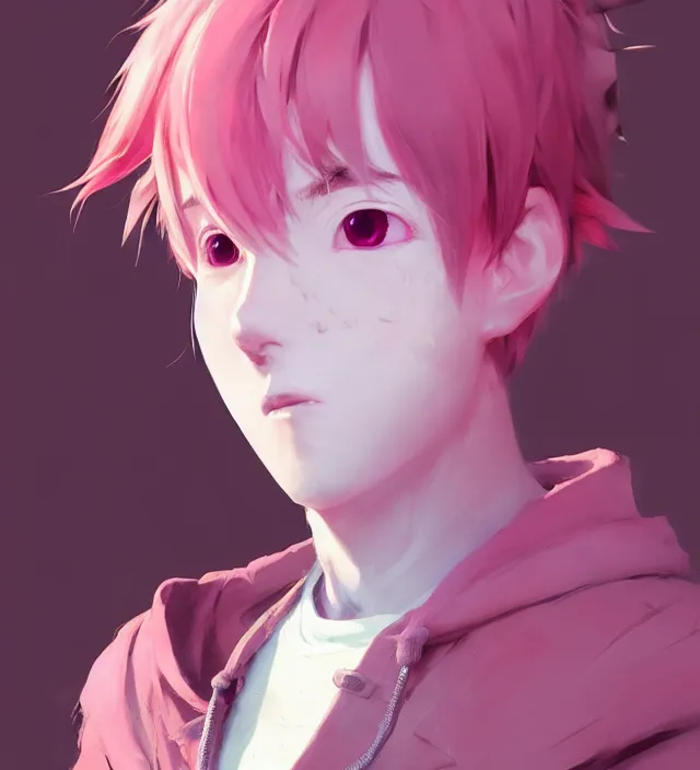 Prompt: a beautiful portrait of a cute anime boy with pink hair wearing a hoodie. character design by cory loftis, fenghua zhong, ryohei hase, ismail inceoglu and ruan jia. artstation, volumetric light, detailed, photorealistic, rendered in octane