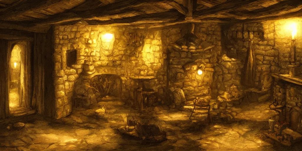 Image similar to medieval cottage interior at night, fantasy