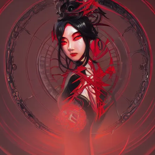 Prompt: japanese spider goddess, d & d, black and red color palette, highly detailed, digital painting, artstation, concept art, sharp focus, illustration, cinematic lighting, art by artgerm and greg rutkowski and alphonse mucha