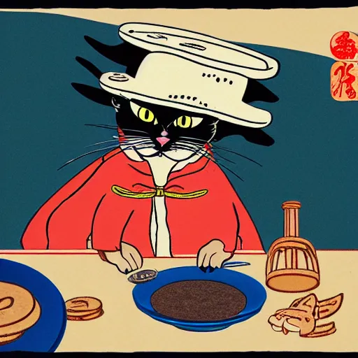 Image similar to a highly detailed illustration of an angry cat with a chef hat baking cookies, done in the style of ukiyo - e, 4 k